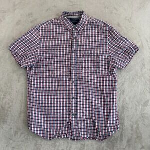 Banana Republic Camden Fit Shirt Men Large Blue Red White Plaid 100% Linen NWOT